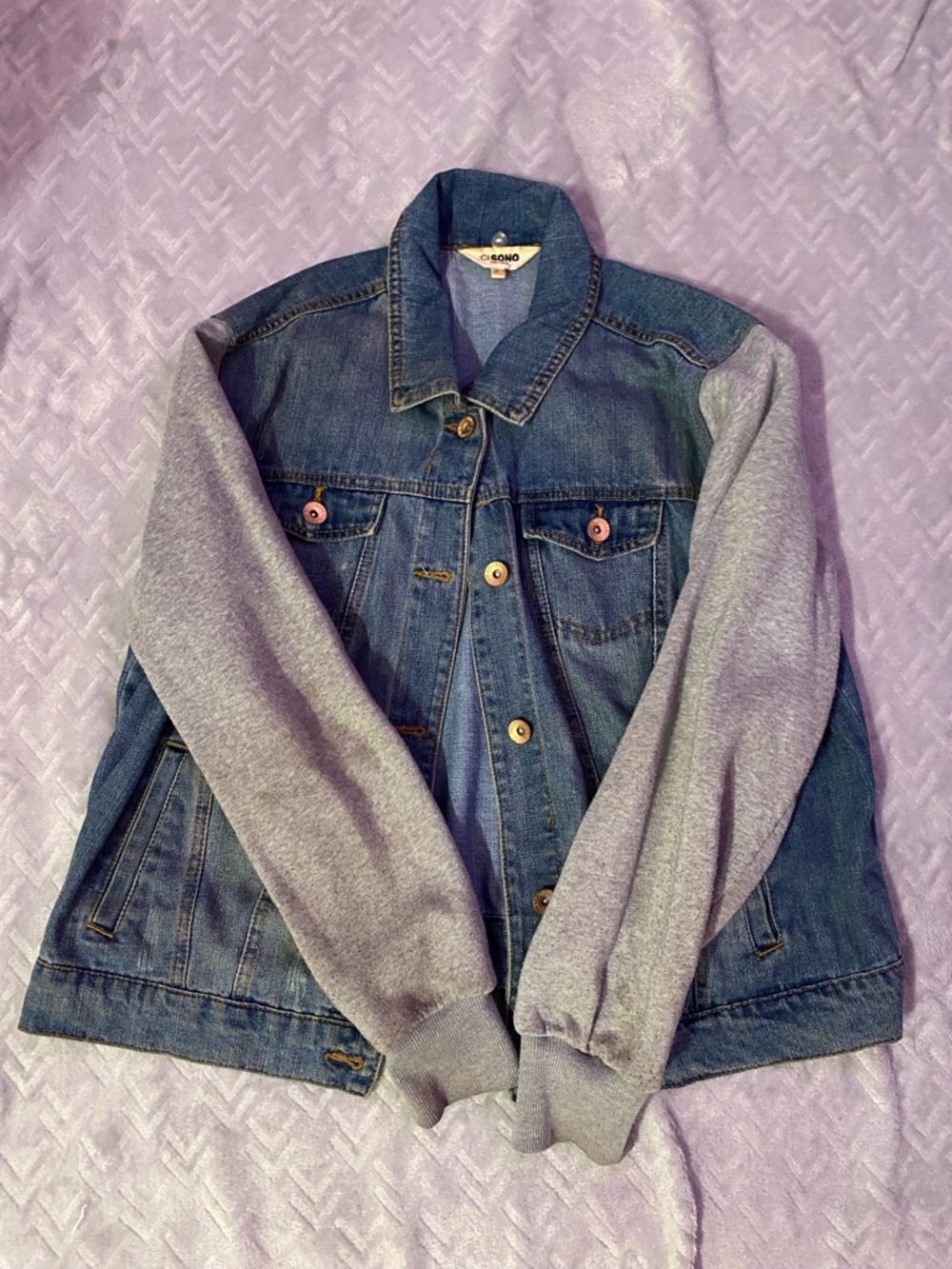 Jean Jacket & Gray Sleeves Sweater
